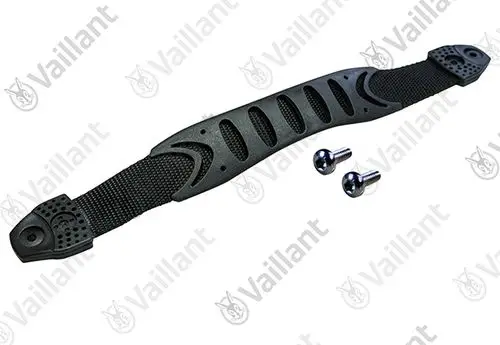 Vaillant Griff in Schwarz mit rutschfester Oberfläche und zwei Schrauben zur Befestigung. Das Produkt eignet sich für spezifische Anwendungen in Heizungsanlagen.